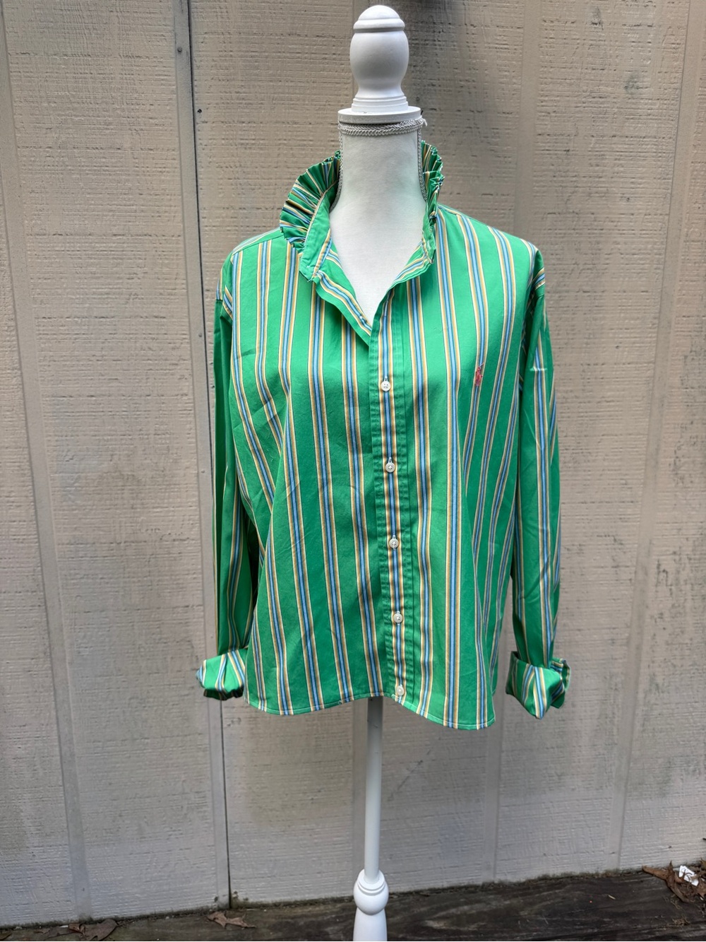 Ralph Lauren Green Cabana Stripe
Cropped Refashioned Ruffle Collar Button Down